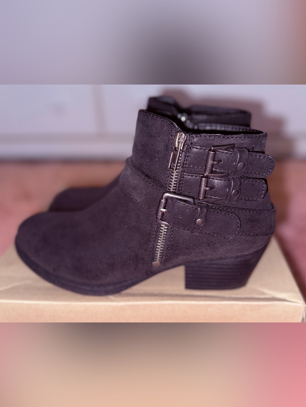 Classic Black Suede Ankle Booties with Buckle Trim- NEW